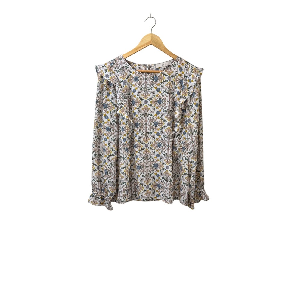 LOFT Womens Floral‎ Ruffle Shoulder Blouse Blue Yellow Size L